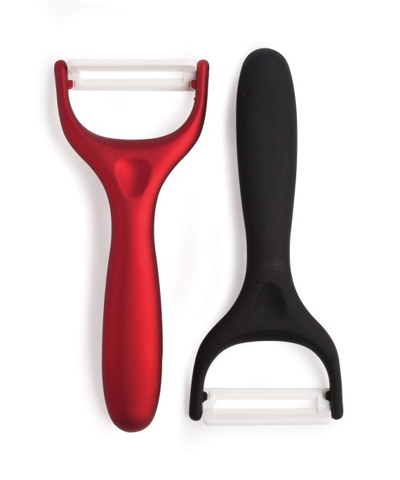 Cooking Light 2 Piece Set Ceramic Ultra Sharp and Durable Blades, Ergonomic Handles, Vegetable Peeler for Kitchen, Dishwasher Safe, Black/Red