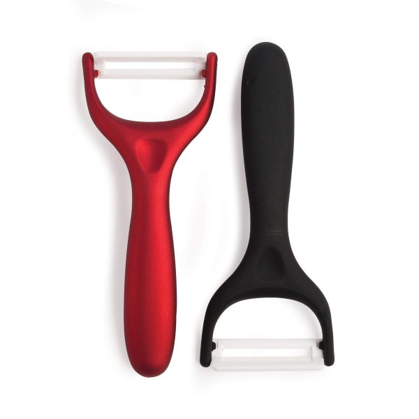 Cooking Light 2 Piece Set Ceramic Ultra Sharp and Durable Blades, Ergonomic Handles, Vegetable Peeler for Kitchen, Dishwasher Safe, Black/Red