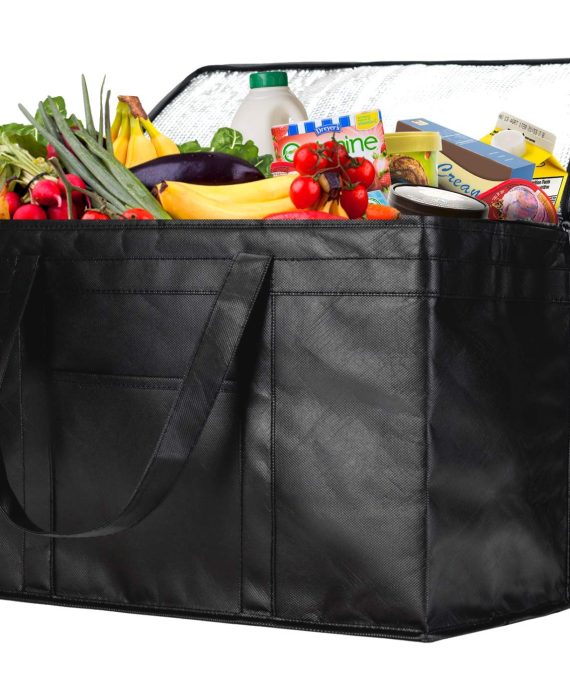 NZ Home XXL Insulated Grocery Bag, Hot & Cold Food Delivery Bag, Light Weight, Collapsible, Washable, Heavy Duty, Stands Upright, Completely Reinforced Bottom & Handles (1 Pack, Black)