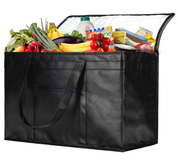 NZ Home XXL Insulated Grocery Bag, Hot & Cold Food Delivery Bag, Light Weight, Collapsible, Washable, Heavy Duty, Stands Upright, Completely Reinforced Bottom & Handles (1 Pack, Black)
