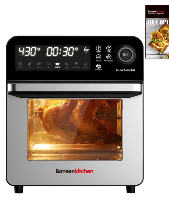 Bonsenkitchen Air Fryer Oven, 15.3QT Rotisserie Oven with Dehydrator, 7 Accessories & 50 Recipe, 1600W 8-in-1 Digital Family Size Air Fryer, Large LED Touchscreen & 7 Presets