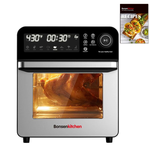 Bonsenkitchen Air Fryer Oven, 15.3QT Rotisserie Oven with Dehydrator, 7 Accessories & 50 Recipe, 1600W 8-in-1 Digital Family Size Air Fryer, Large LED Touchscreen & 7 Presets