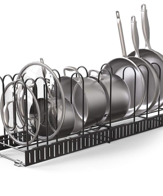Vdomus Extensible Pot Rack Organizer with 4 DIY Methods, Length Adjustable and Max Extended to 31 inches 13+ Pans Holder, Black Metal Kitchen Cabinet Pantry Pot Lid Holder