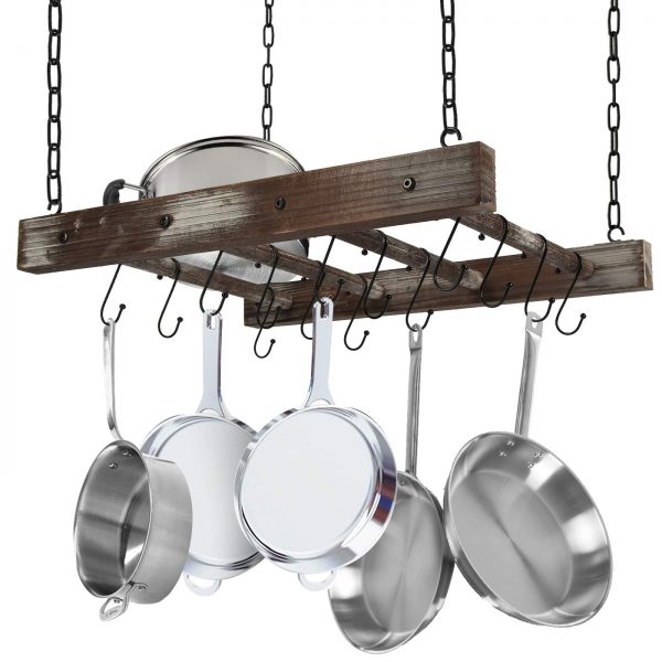J JACKCUBE DESIGN Rustic Wood Pot Pan Rack Ceiling Mounted Hanger Multi- Purpose Wood and Metal Cookware Kitchen Storage Organizer With Utility 16 Hooks - MK603B