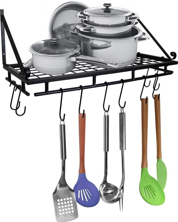 Greenco Wall Mounted Pot And Pan Organizer Shelf With 10 Hooks, Black