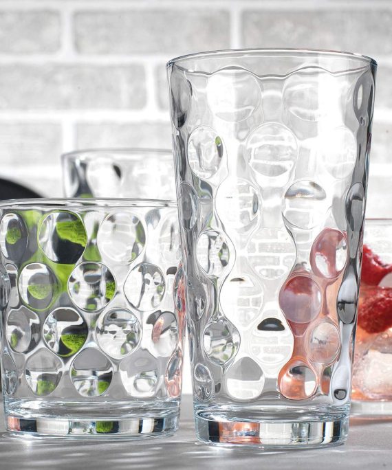 Attractive Durable Drinking Glasses, Set of 16 Clear Glass Cups, 8 Highball Glasses (17oz) 8 Rocks Glasses (13oz), Bubble Design Glassware Set for Water, Juice, Beer, Wine, and Cocktails