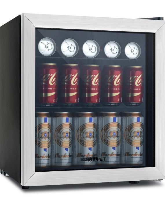 KUPPET 62-Can Beverage Cooler and Refrigerator, Small Mini Fridge for Home, Office or Bar with Glass Door and Adjustable Removable Shelves, Perfect for Soda Beer or Wine, Stainless Steel, 1.6 Cu.Ft.
