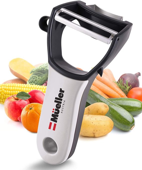Mueller 4 in 1 Swift Julienne Vegetable Peeler - Citrus Fruit Peeler for Orange Lemon Cocktails - Carrot and Potato Peeler with Rotating Serrated Straight and Julienne Stainless Steel Slicer Blades