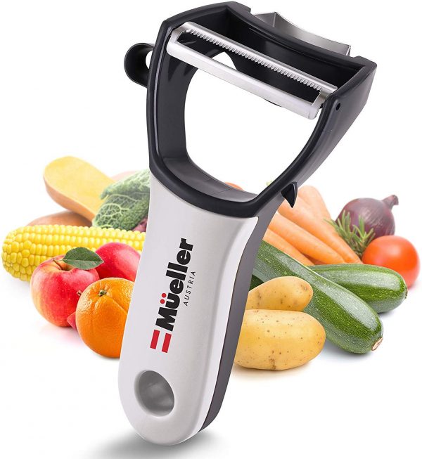 Mueller 4 in 1 Swift Julienne Vegetable Peeler - Citrus Fruit Peeler for Orange Lemon Cocktails - Carrot and Potato Peeler with Rotating Serrated Straight and Julienne Stainless Steel Slicer Blades