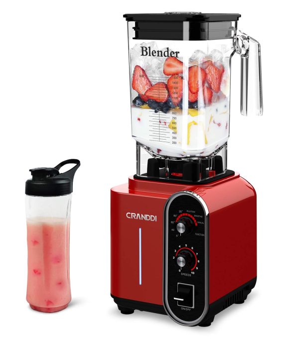 CRANDDI Blender, Professional High-Speed Countertop Blender with 3 Pre-Programmed Settings, 1800W Base, 52oz BPA-free Tritan Jar for Family/ Commercial Size Ice Crush, Shakes and Smoothies, Built-in Pulse & 10-Speeds Control with Timer, K98B-R