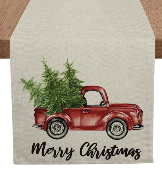 Artoid Mode Merry Christmas Trees Red Truck Table Runner, Seasonal Winter Xmas Holiday Tablecloth Kitchen Dining Table Linen for Indoor Outdoor Home Party Decor 13 x 72 Inch