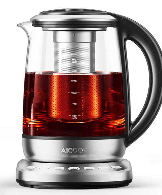 Aicook Electric Tea Kettle 1.7L Glass Teapot with One Touch Temperature Control, Food Grade Stainless Steel Inner Lid, Infuser & Bottom, 120min Keep Warm & Boil Dry Protection, BPA free