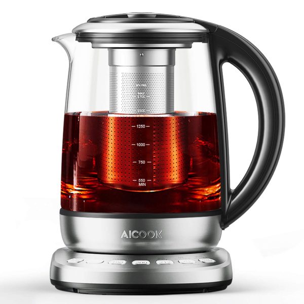 Aicook Electric Tea Kettle 1.7L Glass Teapot with One Touch Temperature Control, Food Grade Stainless Steel Inner Lid, Infuser & Bottom, 120min Keep Warm & Boil Dry Protection, BPA free