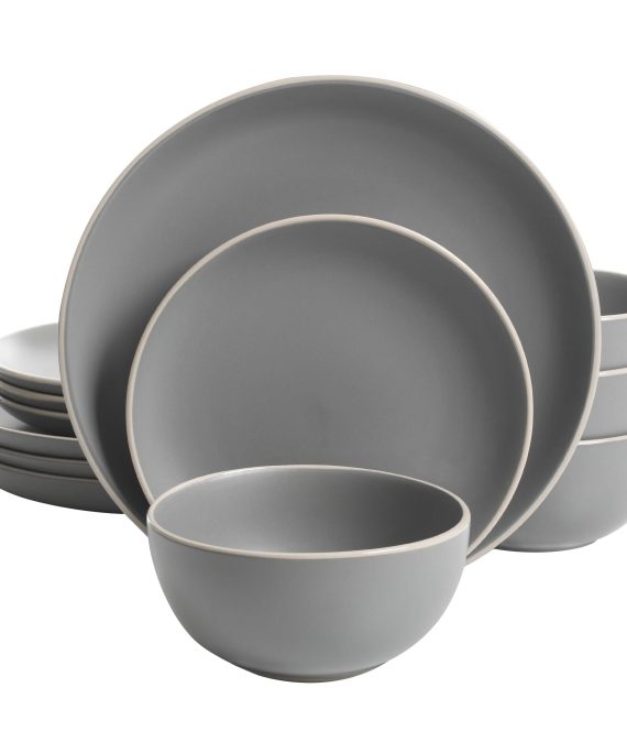 Gibson Home Rockaway 12-Piece Dinnerware Set Service for 4, Grey Matte -