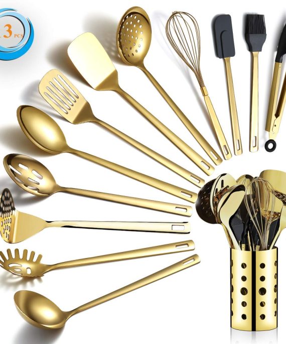 Gold Cooking Utensils Set, Berglander Stainless Steel 13 Pieces Kitchen Utensils Set With Titanium Gold Plating, Kitchen Tools Set With Utensil Holder, Dishwasher Safe, Easy to Clean