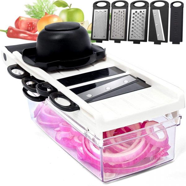 LHS Mandoline Slicing Tool, Mandoline Slicer vegetable with Container, 5 in 1 Handheld Veggie Slicer Dicer Cutter Shredder Grater and Julienne - Kitchen Manual Food Slicer for Fruits and Vegetables