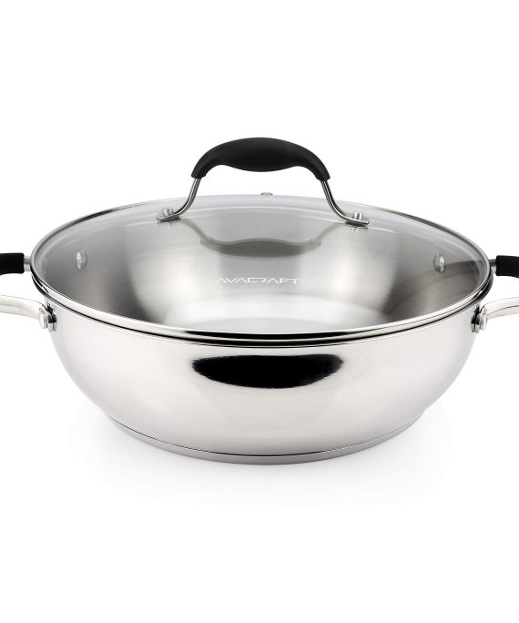 AVACRAFT 18/10 Stainless Steel Everyday Pan, Stir Fry Pan with Five-Ply Base, Chef’s Pan with Glass Lid, Multipurpose Stewpot Skillet, Saute Pan, Casserole in Pots and Pans (11 inch)