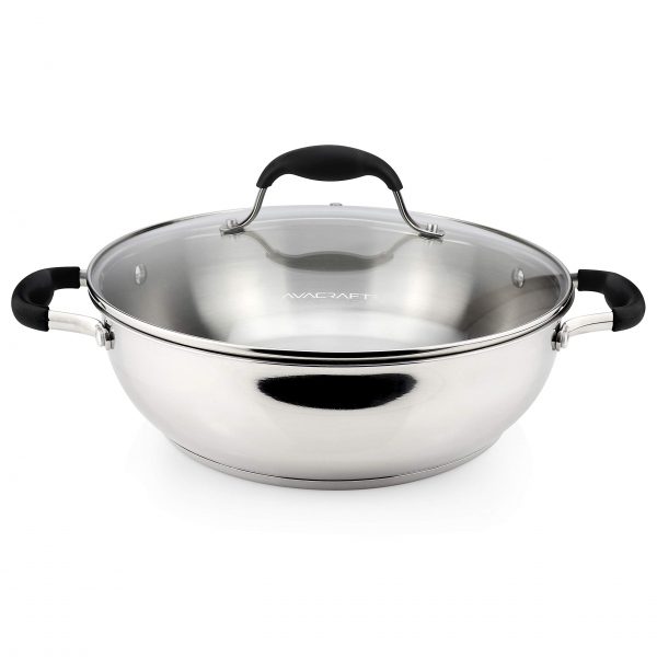 AVACRAFT 18/10 Stainless Steel Everyday Pan, Stir Fry Pan with Five-Ply Base, Chef’s Pan with Glass Lid, Multipurpose Stewpot Skillet, Saute Pan, Casserole in Pots and Pans (11 inch)