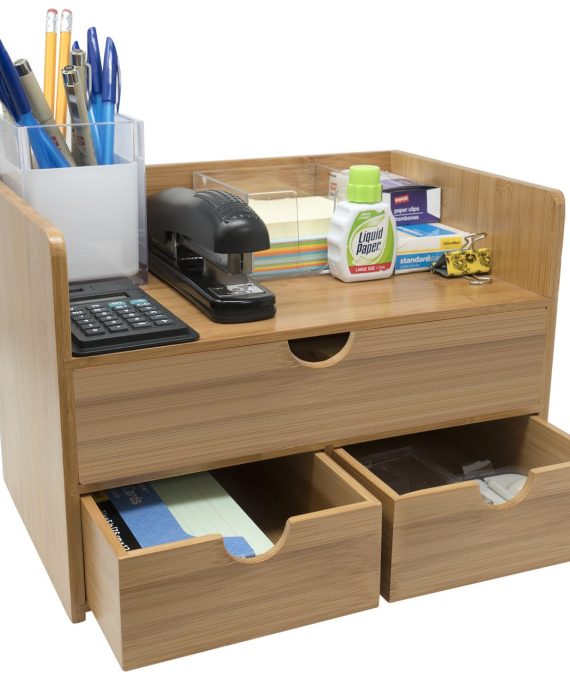 Sorbus 3-Tier Bamboo Shelf Organizer for Desk with Drawers — Mini Desk Storage for Office Supplies, Toiletries, Crafts, etc — Great for Desk, Vanity, Tabletop in Home or Office