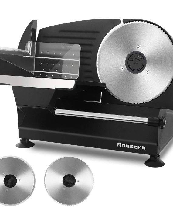 Meat Slicer, Anescra 200W Electric Deli Food Slicer with Two Removable 7.5’’ Stainless Steel Blades and Food Carriage, Child Lock Protection, 0-15mm Adjustable Thickness Food Slicer Machine- Black