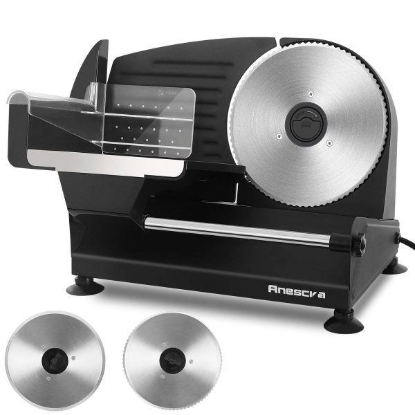 Meat Slicer, Anescra 200W Electric Deli Food Slicer with Two Removable 7.5’’ Stainless Steel Blades and Food Carriage, Child Lock Protection, 0-15mm Adjustable Thickness Food Slicer Machine- Black