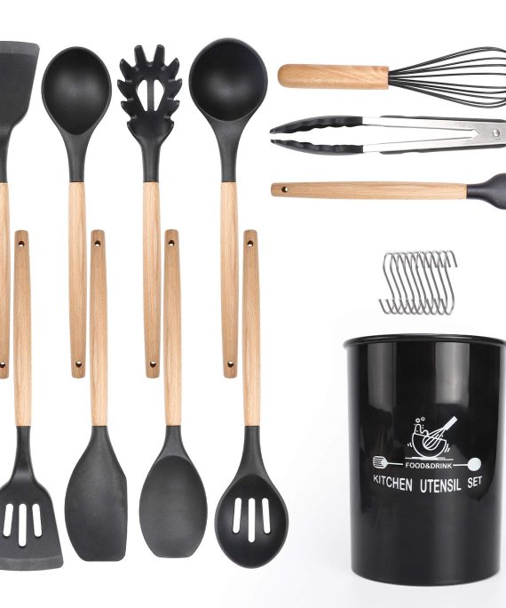 ZONGOOL Silicone Cooking Utensil Set, 12 Pcs Non-stick Heat Resistant Silicone Kitchen Utensil Set, BPA Free, Non Toxic Cooking Tools with Wooden Handles. (Black)