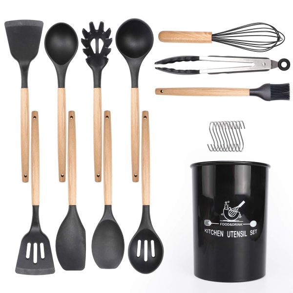 ZONGOOL Silicone Cooking Utensil Set, 12 Pcs Non-stick Heat Resistant Silicone Kitchen Utensil Set, BPA Free, Non Toxic Cooking Tools with Wooden Handles. (Black)