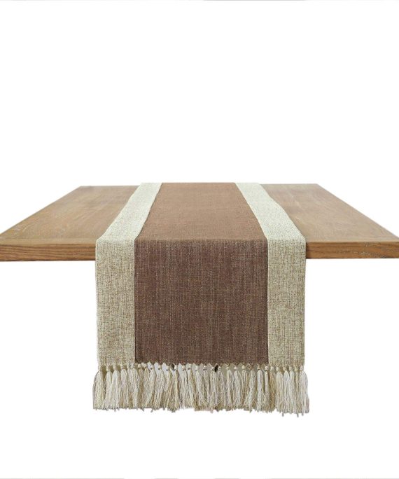 PHNAM Brown and Beige Table Runner with Tassels Long Linen Cotton Coffee Dining Table Cloth Runners Non Slip for Home Kitchen Party Wedding Decorations, Machine Washable