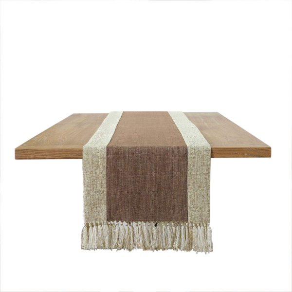 PHNAM Brown and Beige Table Runner with Tassels Long Linen Cotton Coffee Dining Table Cloth Runners Non Slip for Home Kitchen Party Wedding Decorations, Machine Washable