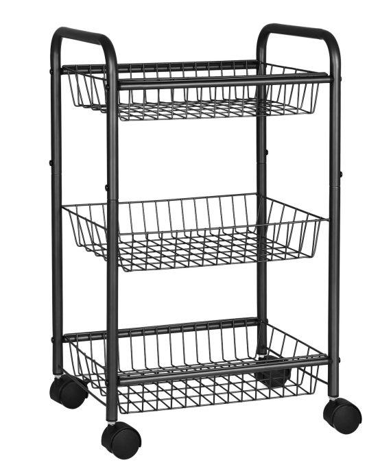 SONGMICS 3-Tier Metal Rolling Cart on Wheels with Baskets, Lockable Utility Trolley with Handles for Kitchen Bathroom Closet, Storage with Removable Shelves, Black UBSC03BK