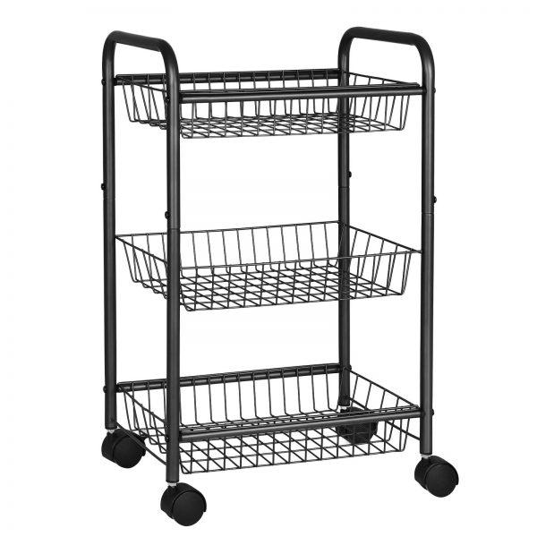 SONGMICS 3-Tier Metal Rolling Cart on Wheels with Baskets, Lockable Utility Trolley with Handles for Kitchen Bathroom Closet, Storage with Removable Shelves, Black UBSC03BK