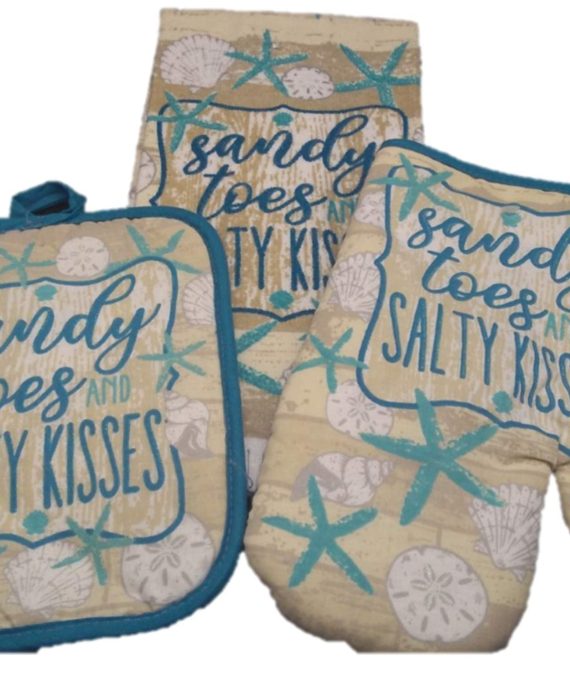 Oven Mitt Set - Kitchen Decorations - Sandy Toes and Salty Kisses Bring The Beach Into The Kitchen - Dish Towel - Oven Mitt - Pot Holder - Kitchen Decor