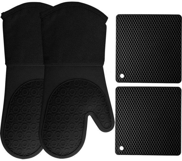HOMWE Silicone Oven Mitts and Pot Holders, 4-Piece Set, Heavy Duty Cooking Gloves, Kitchen Counter Safe Trivet Mats, Advanced Heat Resistance, Non-Slip Textured Grip (Black)