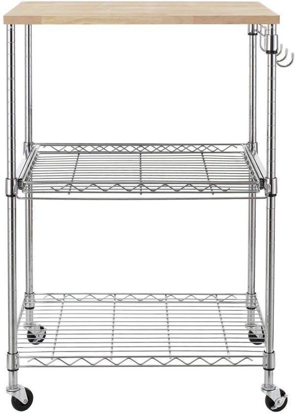 OCDAY Microwave Cart with Locking Wheels Food Service Cart, Microwave Stand,Storage Rack, Wood/Chrome
