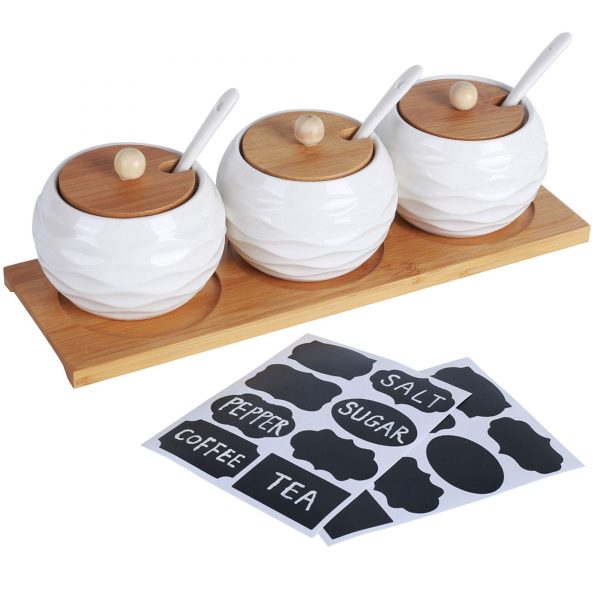 LUEUR Porcelain Condiment Jar Spice Container with Bamboo Lids, Ceramic Spoons & Wooden Serving Tray Ceramic 225ml Sugar Bowl Set of 3 For Kitchen W/Free Blackboard Adhesive Stickers 16 Labels