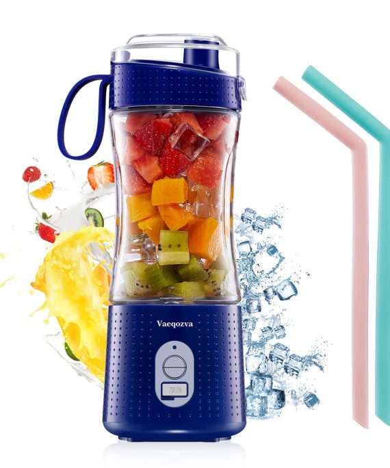 Portable Personal Blender for Smoothie and Shakes - Vaeqozva 6 Powerful 3D Blades 4000mAh USB Rechargeable Juicer Cup including Reusable Silicone Straws(Navy Blue)