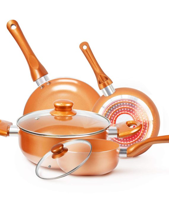Cookware-Set Nonstick Pots and Pans-Set Copper Pan - KUTIME 6pcs Cookware Set Non-stick Frying Pan Ceramic Coating Stockpot, Cooking Pot, Copper Aluminum Pan with Lid, Gas Induction Compatible