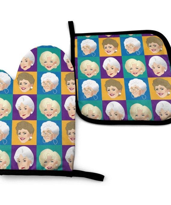 Happy Daddy 1 Cotton Kitchen Oven Mitt Gloves 11 x 7.5 and 1 Potholder 8 x 8 Kitchen Gift Set, Machine Washable and Heat Resistant for Safe BBQ,Cooking, Baking, Grilling(Golden Girls)