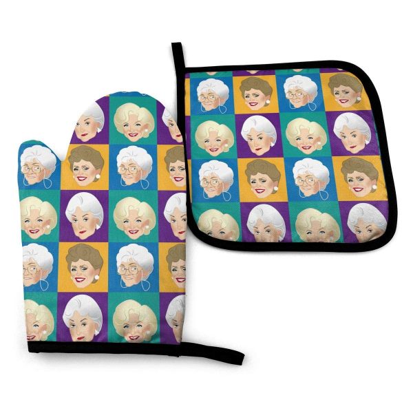 Happy Daddy 1 Cotton Kitchen Oven Mitt Gloves 11 x 7.5 and 1 Potholder 8 x 8 Kitchen Gift Set, Machine Washable and Heat Resistant for Safe BBQ,Cooking, Baking, Grilling(Golden Girls)