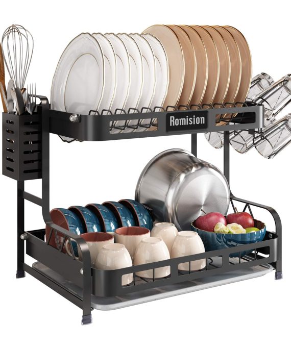 Romision Dish Rack and Drainboard Set, Large 2 Tier Dish Drying Rack 304 Stainless Steel with Utensil Holder, Cup Rack, and Dish Drainer for Kitchen Counter(Black)