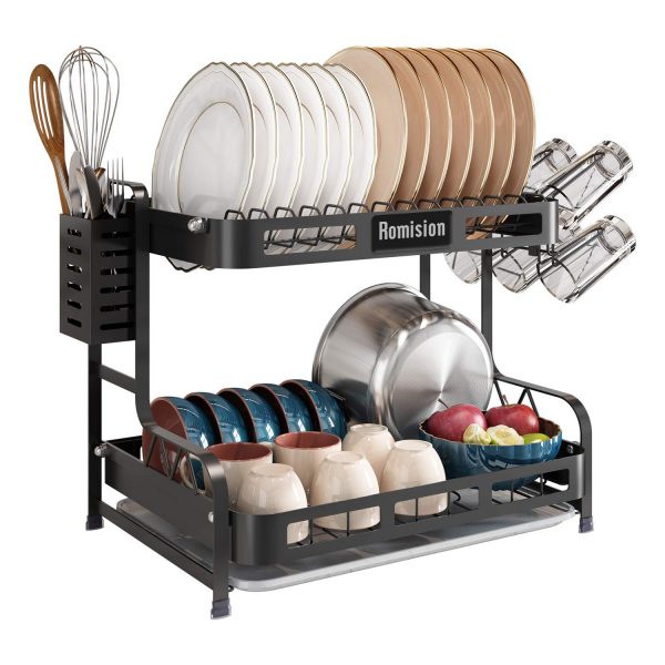 Romision Dish Rack and Drainboard Set, Large 2 Tier Dish Drying Rack 304 Stainless Steel with Utensil Holder, Cup Rack, and Dish Drainer for Kitchen Counter(Black)