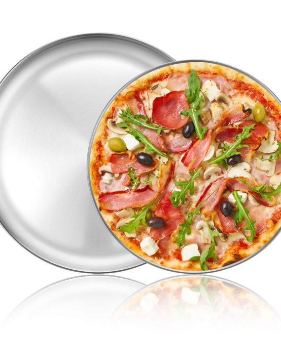 Deedro Pizza Baking Pan Pizza Tray - Stainless Steel Round Pizza Baking Sheet, Heavy Duty Pizza Crisper Pan for Oven, Dishwasher Safe Pizza Serving Tray, 12 inch & 13 inch, 2-Piece Set