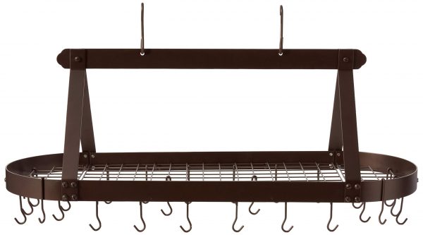 Old Dutch Oval Hanging Pot Rack with Grid & 24 Hooks, Oiled Bronze, 48 x 19 x 15.5