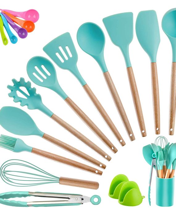 Kitchen Utensil Set Silicone Cooking Utensils, CROSDE 19pcs Kitchen Utensils Set Tools Wooden Handle Spoons Spatula Set Cookware Turner Tongs Kitchen Gadgets with Holder - Teal