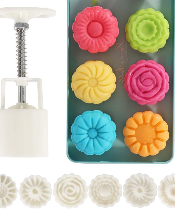 Mooncake Mold Lautechco Flower Mooncake Mold Set Hand Pressure Mould 1 Barrel 6 Stamps 50g (1.8 x 6.2 inch)