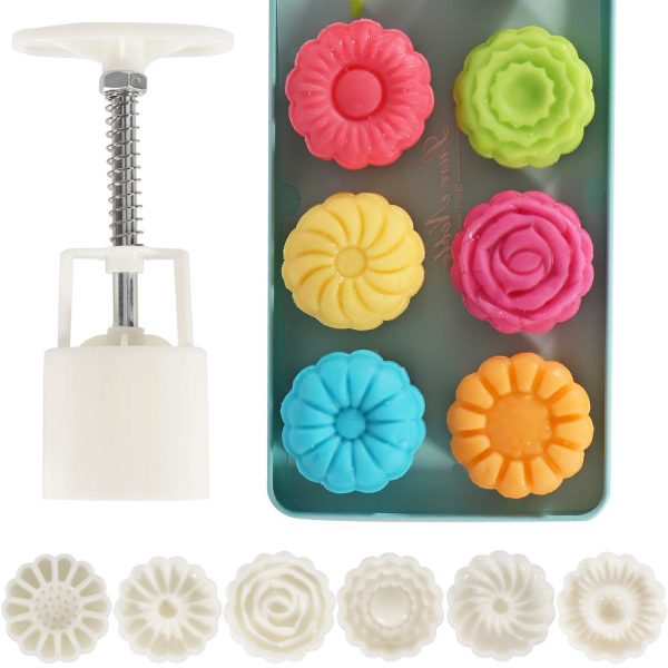 Mooncake Mold Lautechco Flower Mooncake Mold Set Hand Pressure Mould 1 Barrel 6 Stamps 50g (1.8 x 6.2 inch)
