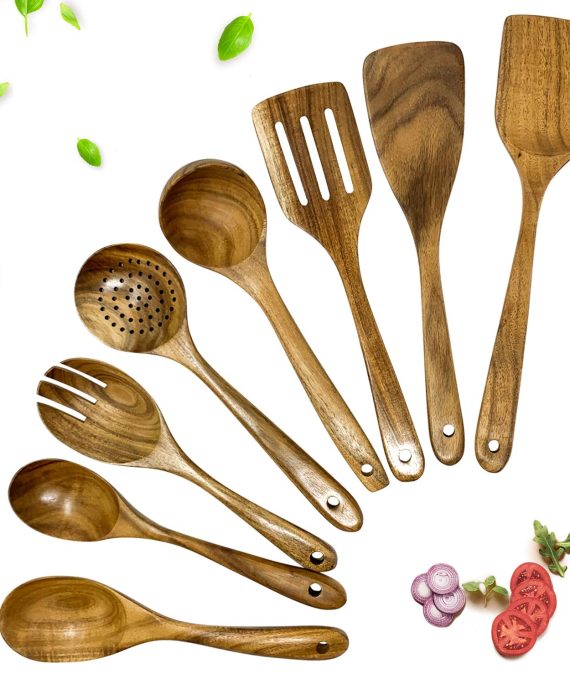 Wooden Spoons for Cooking Set by AceProd – Natural Teak Wooden Cooking Utensils – Non-Stick Wooden Spoon Sets for Cooking – Handmade Wooden Cooking Spoons – Wood Kitchen Utensil Set 8 Pcs