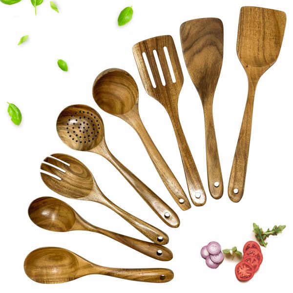 Wooden Spoons for Cooking Set by AceProd – Natural Teak Wooden Cooking Utensils – Non-Stick Wooden Spoon Sets for Cooking – Handmade Wooden Cooking Spoons – Wood Kitchen Utensil Set 8 Pcs