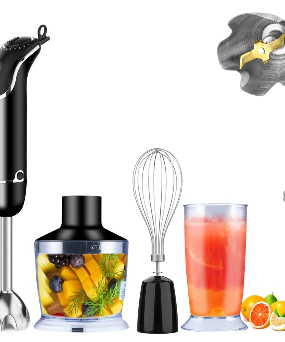 5-in-1 Immersion Hand Blender, MEGAWISE Powerful 800 Watt 12-Speed Stick Blender with Sturdy Titanium Plated Stainless Steel Blades, Including 500ml Chopper, 600ml Beaker, Whisk and Milk Frother Attachments, Dishwasher Safe and BPA-Free