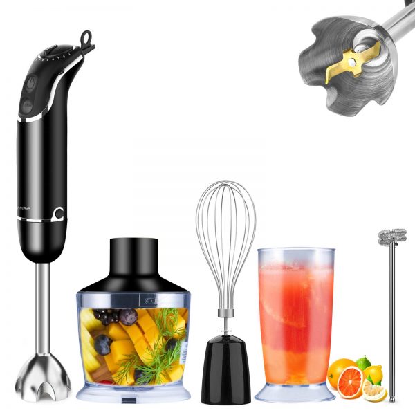 5-in-1 Immersion Hand Blender, MEGAWISE Powerful 800 Watt 12-Speed Stick Blender with Sturdy Titanium Plated Stainless Steel Blades, Including 500ml Chopper, 600ml Beaker, Whisk and Milk Frother Attachments, Dishwasher Safe and BPA-Free
